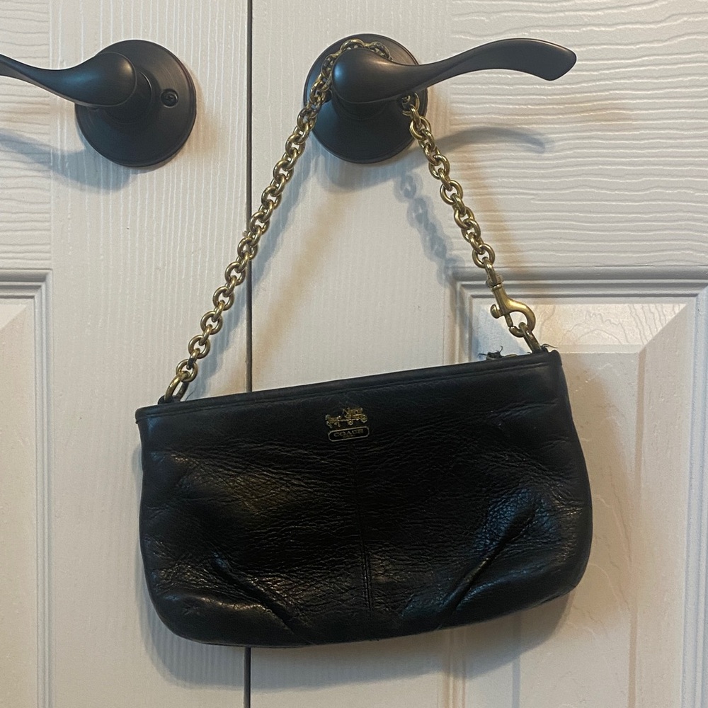 Coach Black Leather Wristlet with Gold Chain Strap